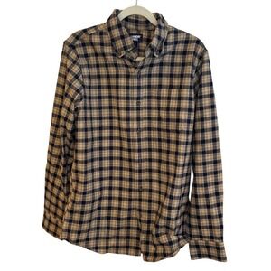 Lands End Mens Traditional Fit Flannel Shirt‎ Tan Navy Blue Plaid Size M 38-40